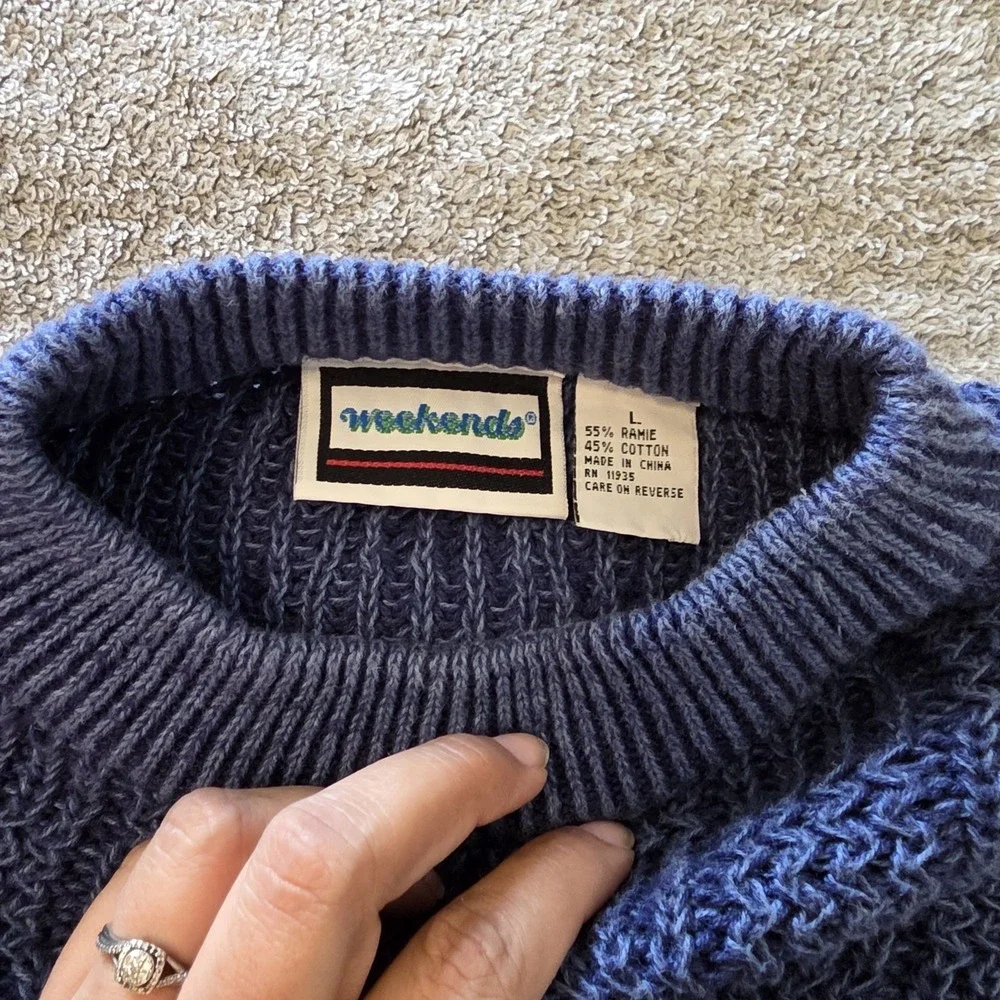 Vintage Weekends Ramie Blue Knit Sweater‎ Size Large Cozy Cabincore